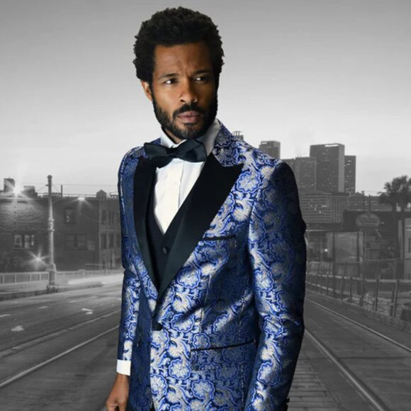 Men'S 1 Button Royal Blue And White Lapel Tuxedo Dress Suits For Men main image 1